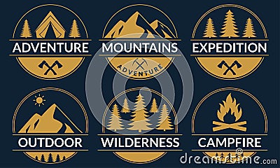 Adventure logo or badge set with mountains and forest. Outdoor expedition emblem. Camp with camfire label. Vector illustration Vector Illustration